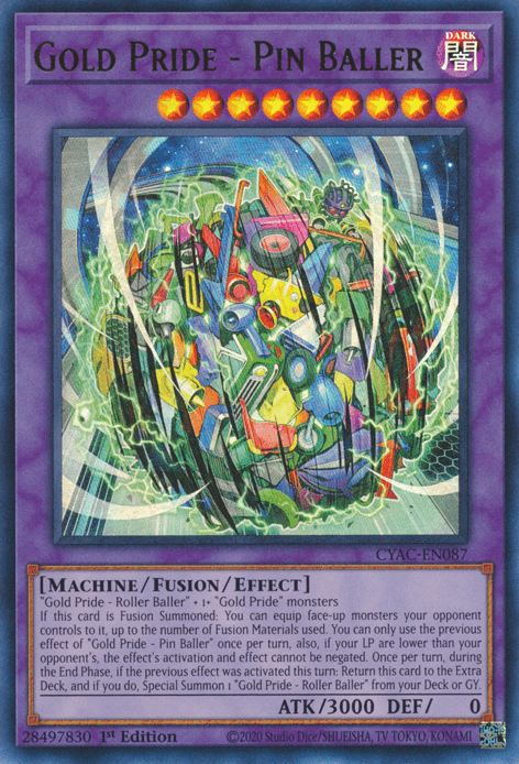 A Yu-Gi-Oh! trading card titled "Gold Pride - Pin Baller [CYAC-EN087] Ultra Rare" from the Cyberstorm Access set. It features vibrant artwork of a mechanical figure in dynamic motion. The text below describes this fusion/effect monster's attributes: dark-themed, machine-type with 3000 attack points and 0 defense points.