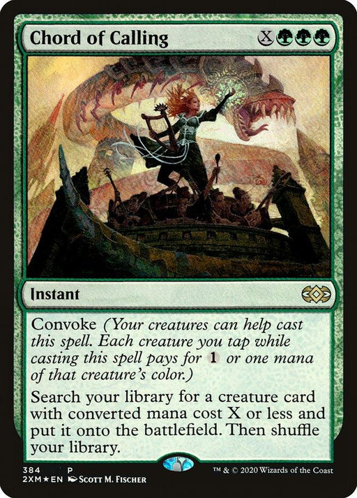 A Magic: The Gathering card titled "Chord of Calling [Double Masters Promos]" is depicted with vibrant artwork by Scott M. Fischer. Green-themed with a casting cost of X and three green mana (GGG), this instant card features Convoke and allows you to search your library for a creature card, putting it onto the battlefield. It's part of the Double Masters Promos series.