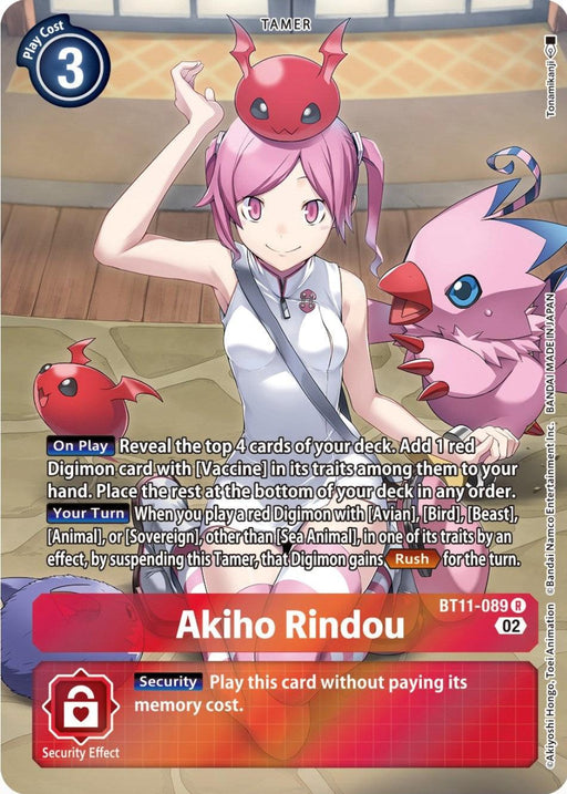 A card from the Digimon Trading Card Game showing a pink-haired character named Akiho Rindou [BT11-089] (Alternate Art) [Dimensional Phase] with two digital creatures. It features play instructions and a security effect in smaller white text. The background is a mix of grey and red Digimon branding on the right edge, highlighting its Tamer card status.