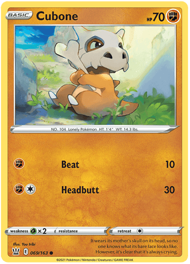 Pokémon Cubone (069/163) [Sword & Shield: Battle Styles] trading card featuring Cubone with 70 HP. The card displays Cubone holding its bone weapon in a sunny, grassy field with flowers. Attacks: Beat (10 damage) and Headbutt (30 damage). Weakness: Grass ×2, no resistance, retreat cost: one colorless energy. Card number: 069/163