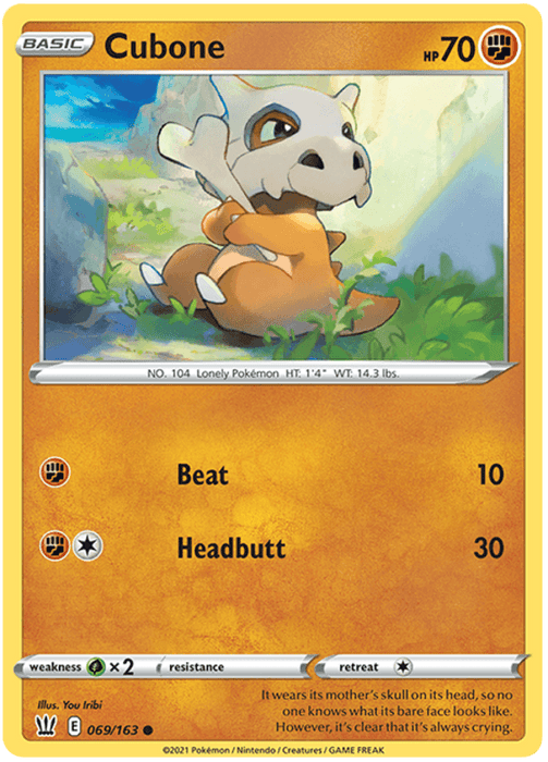 Pokémon Cubone (069/163) [Sword & Shield: Battle Styles] trading card featuring Cubone with 70 HP. The card displays Cubone holding its bone weapon in a sunny, grassy field with flowers. Attacks: Beat (10 damage) and Headbutt (30 damage). Weakness: Grass ×2, no resistance, retreat cost: one colorless energy. Card number: 069/163