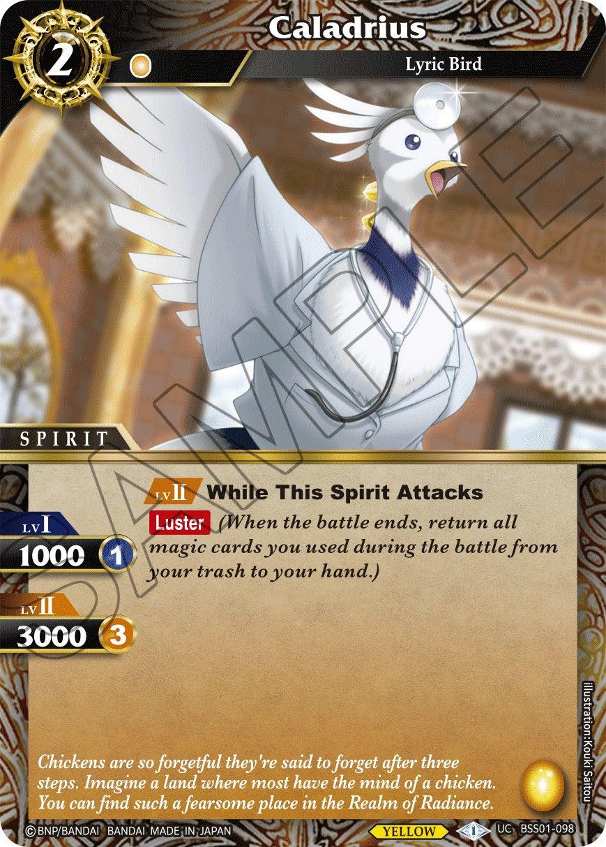 A digital card game image of a majestic white bird named Caladrius, labeled as 