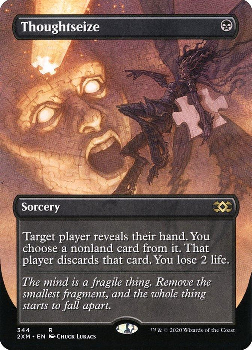 A Magic: The Gathering card titled "Thoughtseize (Toppers) [Double Masters]." This rare sorcery card features an image of a distorted face with a dark, shadowy figure pulling away puzzle pieces from it. The card text reads: "Target player reveals their hand. You choose a nonland card from it. That player discards that card. You lose 2 life.