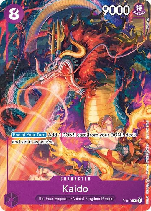 A colorful trading card from the Bandai collection featuring the product name Kaido (Tournament Pack Vol. 1) [One Piece Promotion Cards] with the character Kaido from "The Four Emperors/Animal Kingdom Pirates." Depicted as a fierce dragon on a vibrant background, the card's stats are 8 cost and 9000 power, with text reading, "Add 1 DON!! card from your DON!! deck and set it as active.