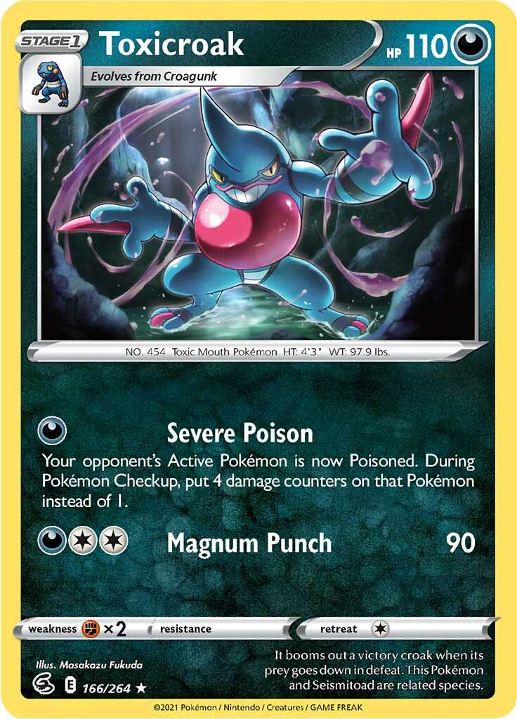 Image of a Pokémon card featuring Toxicroak (166/264) from the Pokémon Sword & Shield: Fusion Strike series. This rare, blue, frog-like Pokémon with red eyes and a menacing expression has 110 HP and belongs to the Darkness type. The card showcases its attacks: 