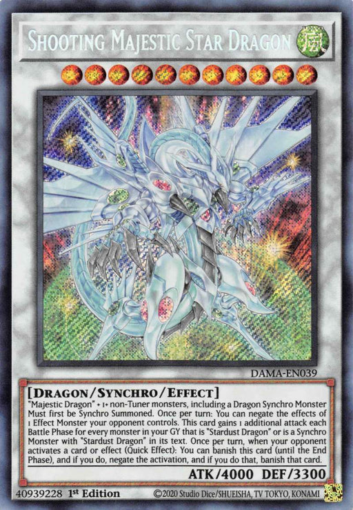 The image is of a Yu-Gi-Oh! trading card named "Shooting Majestic Star Dragon [DAMA-EN039] Starlight Rare." This card from the Dawn of Majesty series features a radiant, armored dragon with multiple wings shining brightly. As a Synchro/Effect Monster, it boasts ATK/4000 and DEF/3300. Various stats and effect descriptions are detailed below the artwork.