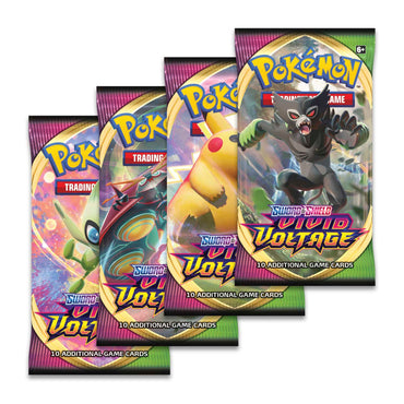 Four Pokémon trading card packs are on display, each with a unique illustration. These packs are part of the "Sword & Shield: Vivid Voltage - Booster Pack" series from Pokémon and feature vibrant designs, including characters like Gigantamax Pikachu. Each pack contains 10 additional game cards.