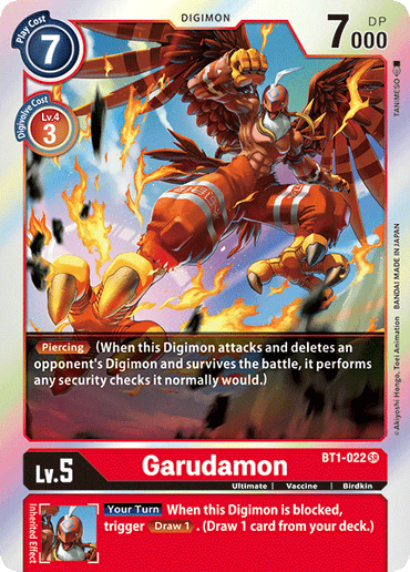 This Super Rare trading card, Garudamon [BT1-022] from the Digimon Release Special Booster Ver.1.0, showcases a winged humanoid with red and gold armor soaring through the fiery sky. It's a Level 5 Digimon with 7,000 DP, featuring a Digivolve cost of 3 from level 4. It possesses piercing ability and activates an effect to draw 1 card when blocked.