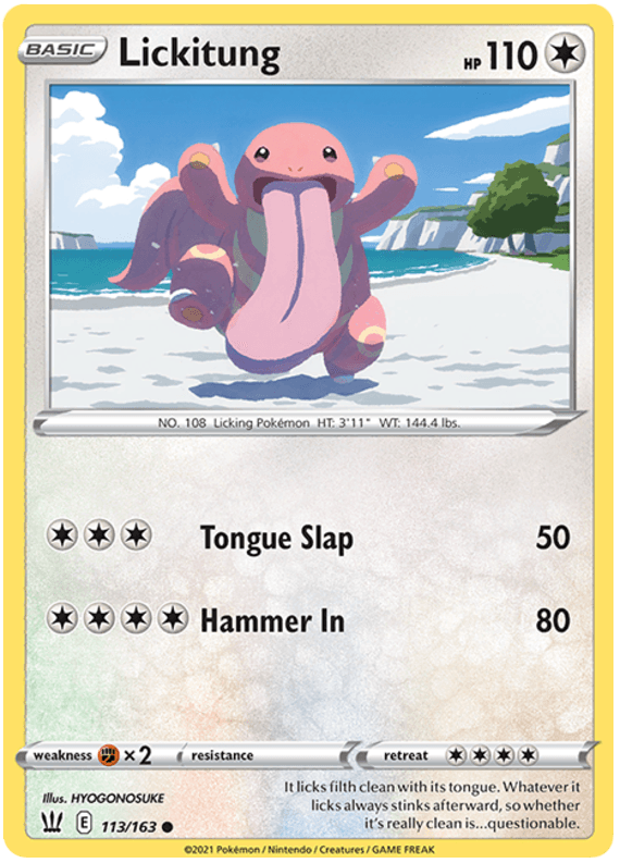 A Pokémon Lickitung (113/163) [Sword & Shield: Battle Styles] card. The card has a yellow border and displays Lickitung, a pink Colorless Pokémon with a long tongue, in front of a lake and mountains. It has 110 HP and two moves: 