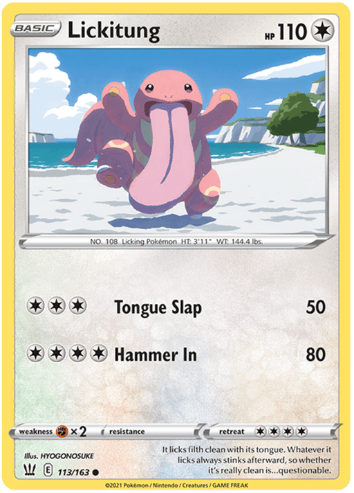 A Pokémon Lickitung (113/163) [Sword & Shield: Battle Styles] card. The card has a yellow border and displays Lickitung, a pink Colorless Pokémon with a long tongue, in front of a lake and mountains. It has 110 HP and two moves: "Tongue Slap" (50 damage) and "Hammer In" (80 damage). Illustration by HYOGON