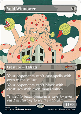 A Void Winnower (Borderless) [Secret Lair Drop Series] creature card from Magic: The Gathering. This mythic rarity monster is depicted as a giant, tentacled terror towering over a cityscape. With a 9 mana cost, 11/9 power and toughness, it possesses an ability that disrupts even-mana spells and creatures.