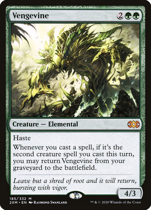 A Magic: The Gathering product titled "Vengevine [Double Masters]," this mythic green creature from the Double Masters set features an elemental with plant-like traits, surrounded by bright, dynamic lighting. With a mana cost of 2 colorless, 1 green, and 1 red, it boasts a power/toughness of 4/3, haste, and an ability tied to casting spells.