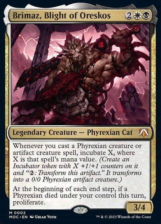 A Magic: The Gathering card named "Brimaz, Blight of Oreskos [March of the Machine Commander]." It costs 2 white and 2 colorless mana, features a 3/4 Phyrexian Cat creature with spiked armor and a staff. As a Legendary Creature at Mythic Rarity, it has abilities including Incubate, transforming tokens, and proliferate if a Phyrex.