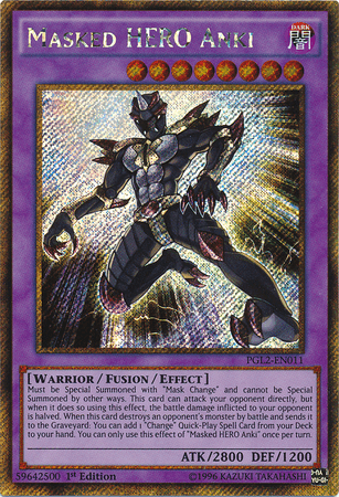 The image showcases a Yu-Gi-Oh! trading card named "Masked HERO Anki [PGL2-EN011] Gold Secret Rare." This dark-colored armored warrior, adorned with purple and gold accents, is a Fusion/Effect Monster found in the Premium Gold collection. With stats ATK/2800 and DEF/1200, card ID PGL2-EN011 details its summoning and effect abilities.