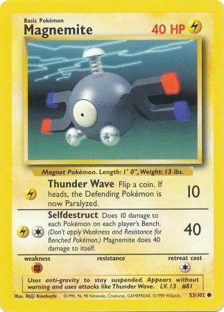 A Pokémon trading card for Magnemite (53/102) [Base Set Unlimited] from the brand Pokémon. Magnemite, a Lightning type with 40 HP, features moves Thunder Wave (10 damage) and Selfdestruct (40 damage to all Pokémon in play). The card showcases the illustration of this Common, metallic spherical Pokémon with magnets as limbs.