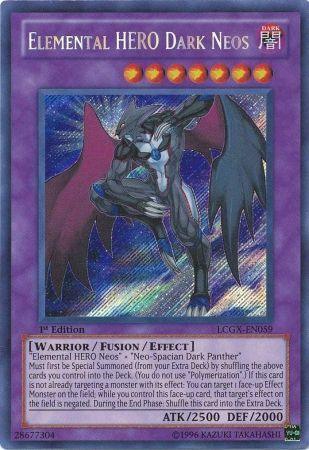 The image shows a Yu-Gi-Oh! trading card titled "Elemental HERO Dark Neos [LCGX-EN059] Secret Rare." The Secret Rare Fusion/Effect Monster features an armored figure with dark wings, standing in a dynamic pose with cosmic energy swirling around. Part of the Legendary Collection 2, it is labeled 1st Edition, with stats ATK 2500 and DEF 2000. The card's text