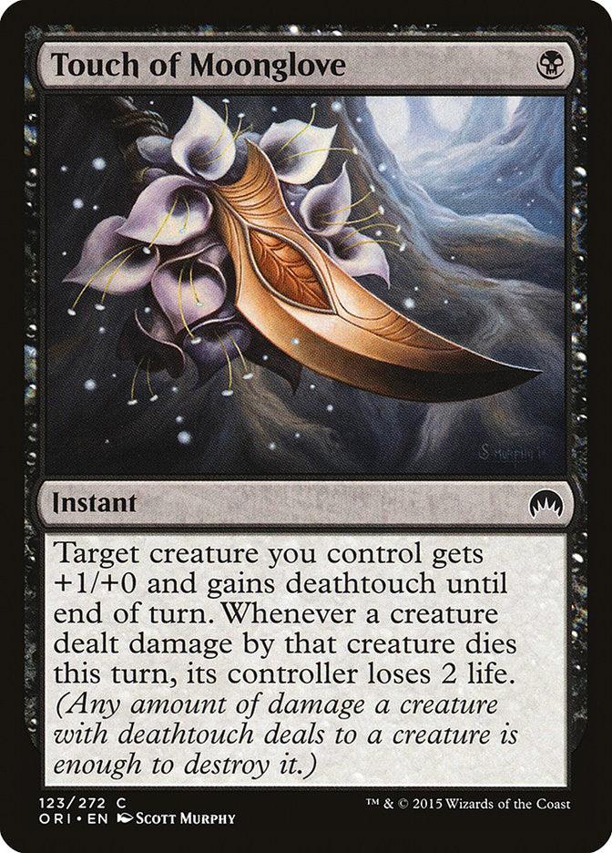 A Magic: The Gathering card from *Magic Origins* named **Touch of Moonglove [Magic Origins]** portrays a glowing, curved dagger encircled by luminous particles. This instant spell reads: 