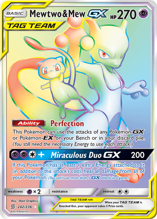A Pokémon **Mewtwo & Mew GX (242/236) [Sun & Moon: Unified Minds]** card featuring Mewtwo and Mew GX with 270 HP. The card shows Mewtwo, a large, powerful Pokémon, alongside Mew, a small, playful one. Key features include the "Perfection" ability, the "Miraculous Duo GX" attack, and a colorful background. This Psychic Secret Rare card is numbered 242/236.
