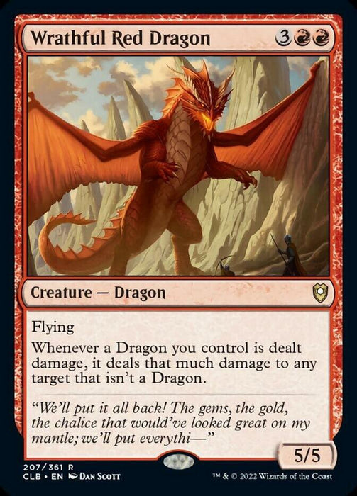 A Magic: The Gathering card titled "Wrathful Red Dragon [Commander Legends: Battle for Baldur's Gate]" from Magic: The Gathering. It features a formidable red dragon with wings spread wide against a rocky, mountainous backdrop. Costing 3 generic and 2 red mana, it has flying and deals damage whenever a controlled Dragon takes damage. Its power/toughness is 5/5.