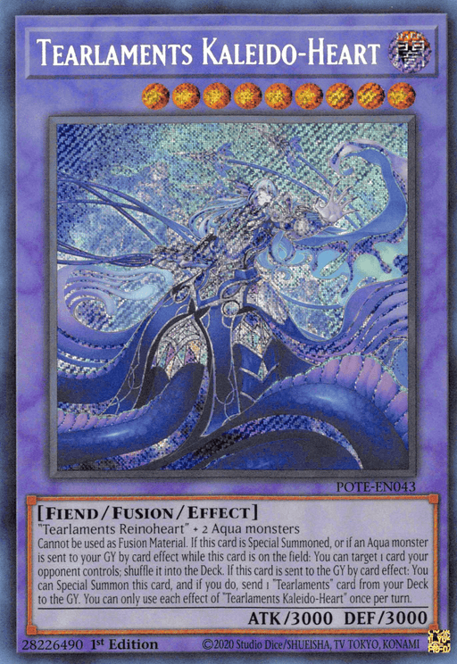 An image of the "Tearlaments Kaleido-Heart [POTE-EN043] Secret Rare" Yu-Gi-Oh! trading card from the Power of the Elements series. This Secret Rare, level 9 Fiend/Fusion/Effect Monster boasts 3000 ATK and 3000 DEF. The card features intricate artwork and a detailed description of its special abilities and effects.