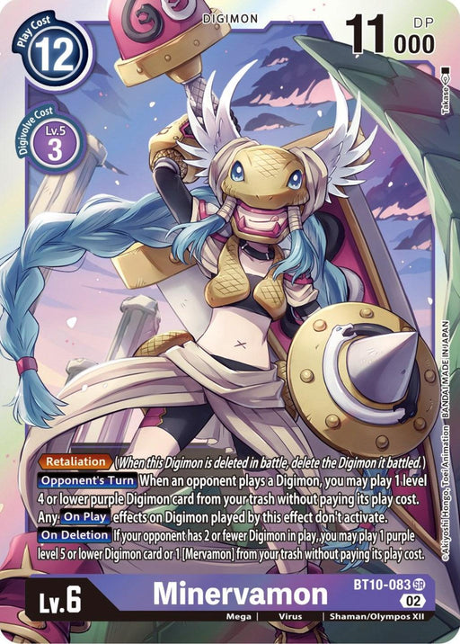 Image of the Digimon card "Minervamon [BT10-083] [Xros Encounter]" from the Xros Encounter series. This fierce humanoid Digimon wields a large sword and a spiky circular shield. It boasts attributes such as 11,000 DP, a purple color, and classification as Level 6 Mega Virus type.