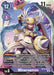 Image of the Digimon card "Minervamon [BT10-083] [Xros Encounter]" from the Xros Encounter series. This fierce humanoid Digimon wields a large sword and a spiky circular shield. It boasts attributes such as 11,000 DP, a purple color, and classification as Level 6 Mega Virus type.