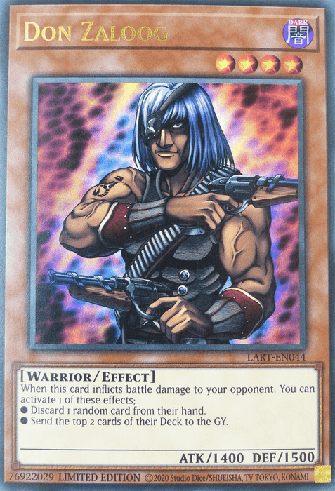 An image of the Yu-Gi-Oh! trading card "Don Zaloog [LART-EN044] Ultra Rare" from The Lost Art Promotion. It features an armored warrior with dark hair and sunglasses, holding two guns. This Ultra Rare Effect Monster card is labeled "Don Zaloog" at the top with five stars and the "DARK" attribute icon. The card’s effect text and stats are visible at the bottom.