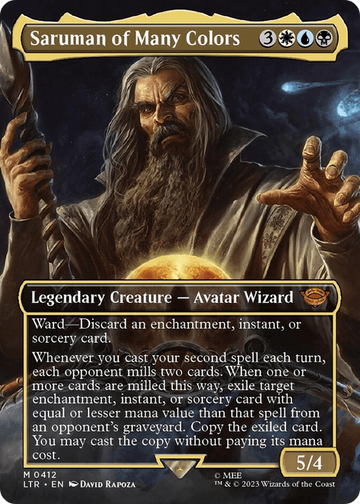 A Magic: The Gathering card titled "Saruman of Many Colors (Borderless Alternate Art) [The Lord of the Rings: Tales of Middle-Earth]," a Legendary Creature. The Avatar Wizard is depicted as an older man with long gray hair and beard, holding a staff. Surrounded by a mystical aura and colorful light streaks, the card details various game effects and abilities, boasting 5/4 power and toughness.