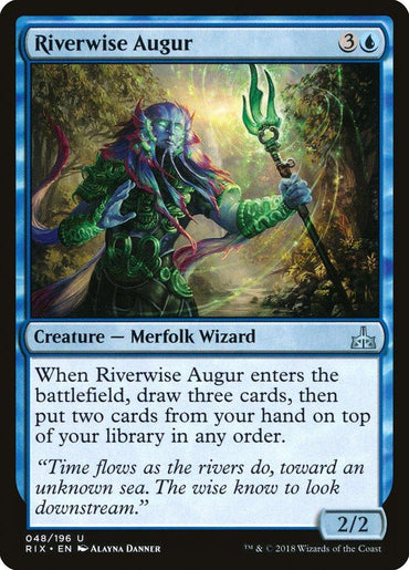 A "Magic: The Gathering" product from Rivals of Ixalan featuring Riverwise Augur [Rivals of Ixalan], an illustrated blue Merfolk Wizard holding a staff. This Creature — Merfolk Wizard costs three generic and one blue mana. Its ability lets you draw three cards, then place two from your hand on top of your library. It has 2/2 power/toughness.