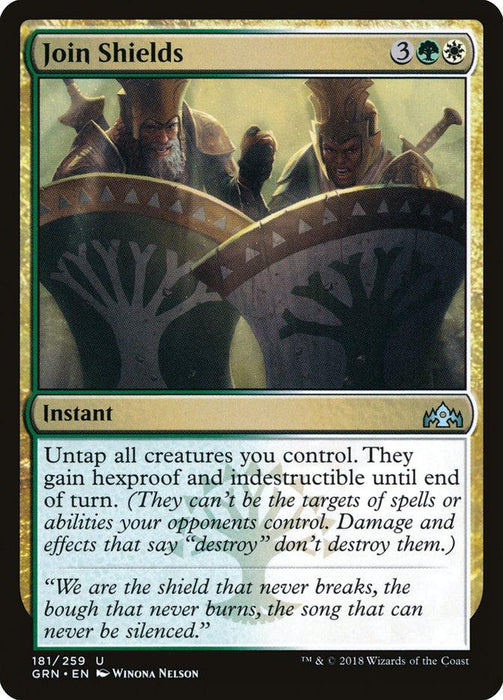 Magic: The Gathering product titled "Join Shields [Guilds of Ravnica]". Costs 3 generic, 1 green, and 1 white mana. The art depicts two armored soldiers with shields joined to form a barrier. Text: "Untap all creatures you control. They gain hexproof and indestructible until end of turn." Flavor text included.