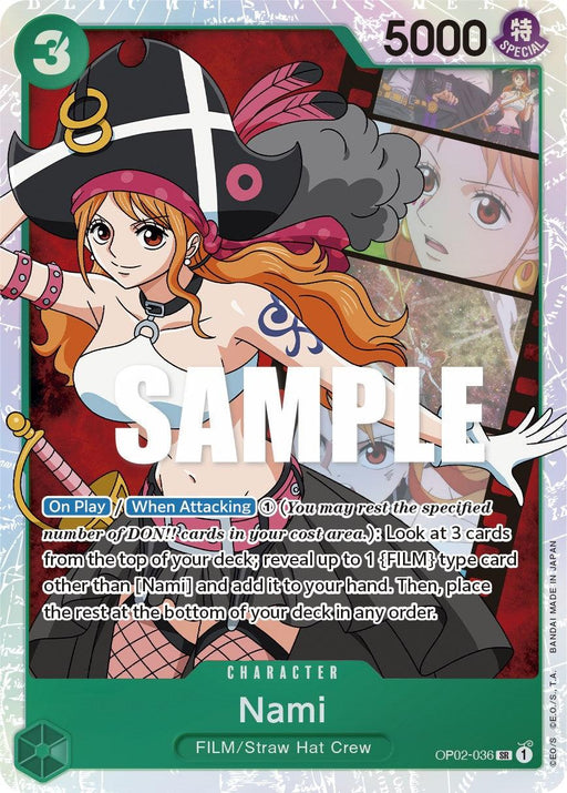 A Super Rare character card features an anime-style Nami from the FILM/Straw Hat Crew series. With long orange hair, a pirate hat, and holding a staff, the card details her abilities. It has a green border, power level of 5000, and designation OP02-036 from the Paramount War collection. The product name is Nami [Paramount War], by Bandai.
