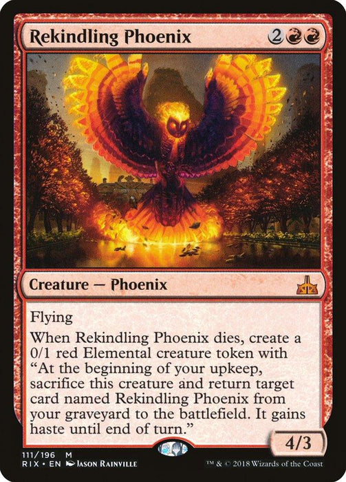 Image of the Magic: The Gathering card "Rekindling Phoenix [Rivals of Ixalan]" from Magic: The Gathering. It depicts a fiery phoenix in flight against a background of flames and smoke. This mythic creature, red in color, has a power and toughness of 4/3 and includes a detailed description of its abilities.