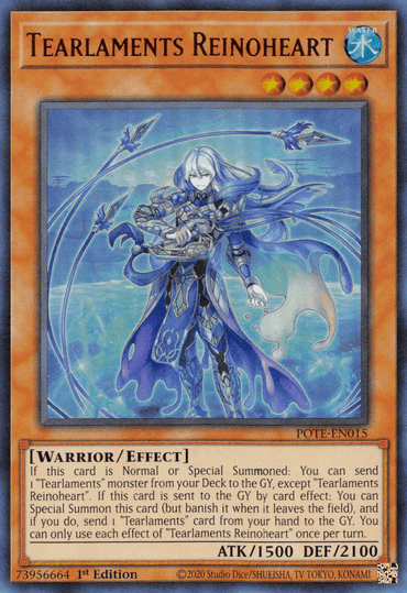 A "Yu-Gi-Oh!" trading card: Tearlaments Reinoheart [POTE-EN015] Ultra Rare. This Ultra Rare Effect Monster features a warrior with long white hair and blue armor, wielding a glowing sword. The mystical background boasts ethereal blue and purple hues. Its ATK is 1500, DEF is 2100, and it has detailed effect text. It is first edition.