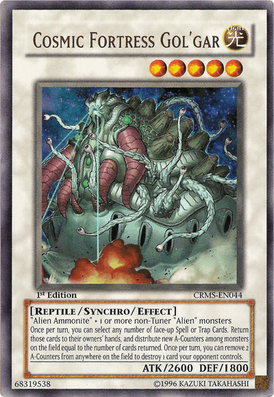 A Yu-Gi-Oh! card titled "Cosmic Fortress Gol'Gar [CRMS-EN044] Ultra Rare," an Ultra Rare 1st Edition from Crimson Crisis. This Reptile/Synchro/Effect Monster boasts an ATK of 2600 and DEF of 1800. The card image features a large alien-like creature with tentacles and mechanical elements amidst a cosmic background.

