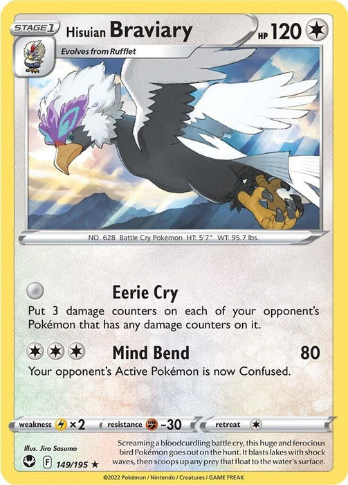 A rare Pokémon trading card from the **Sword & Shield: Silver Tempest** set features **Hisuian Braviary (149/195)** with 120 HP. It boasts two attacks: Eerie Cry and Mind Bend. The illustrated bird Pokémon soars against a cloudy sky backdrop. Weakness is electric, resistance to fighting, and retreat cost is one energy.
