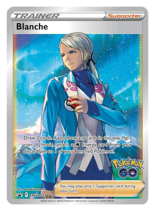 A Pokémon Go trading card featuring Blanche (SWSH227) [Sword & Shield: Black Star Promos], a Trainer and Supporter from the Pokémon series. She stands confidently with a Poké Ball in her right hand, wearing a blue and white outfit. The card text explains her abilities, including drawing two cards and potentially attaching an Energy card to a Benched Pokémon.
