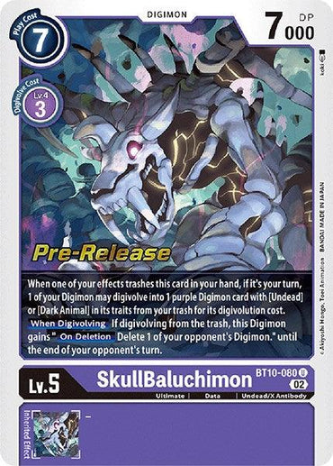 Image of the Digimon card "SkullBaluchimon [BT10-080] [Xros Encounter Pre-Release Cards]" from the brand Digimon. It depicts a shadowy skeletal creature with chains, labeled as an Ultimate form Level 5 Digimon with 7000 DP, a play cost of 7, and a digivolution cost of 3 from a Level 4 Digimon. The card has special abilities described in