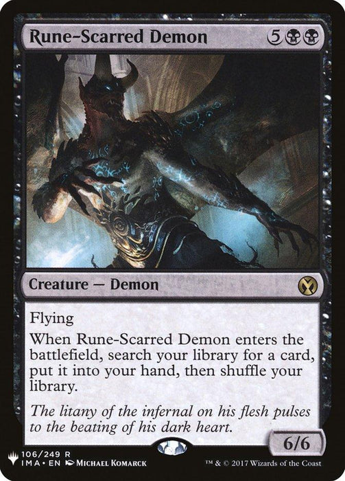 The Magic: The Gathering product "Rune-Scarred Demon [Mystery Booster]" displays a dark, towering demon with black wings and glowing runes etched across its muscles. The Creature Demon's card text notes its Flying ability and power to search a library for a card upon entering the battlefield. Power/Toughness: 6/6.