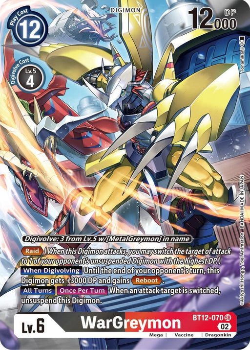 A Super Rare Digimon card depicting WarGreymon, a powerful Digimon with yellow and silver armor. The blue-bordered card has a play cost of 12 at the top left, 12,000 DP on the top right, and LV.6 with Lv.5 required for Digivolution in the center. WarGreymon's abilities are detailed below its image.

WarGreymon [BT12-070] (Alternate Art) [Across Time] by Digimon