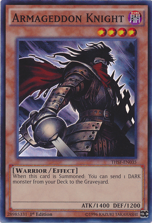 Image of "Armageddon Knight [THSF-EN035] Super Rare," a dark-armored warrior with a red scarf from the Yu-Gi-Oh! trading card game. This Super Rare Effect Monster has 1400 ATK and 1200 DEF. The text reads: "When this card is Summoned: You can send 1 DARK monster from your Deck to the Graveyard." The card's set is THSF.