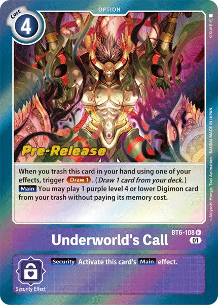 The Digimon card "Underworld's Call [BT6-108]," part of the Double Diamond Pre-Release Cards, is priced at 4. It features artwork of a fiery, mystical creature with sharp claws and glowing eyes. Its effects allow you to "Draw 1" and play a purple level 4 or lower Digimon from the trash without any memory cost.