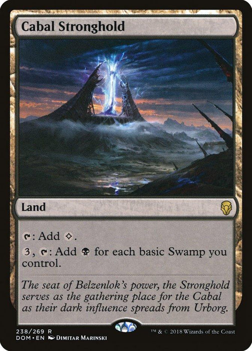A Magic: The Gathering card named Cabal Stronghold [Dominaria], set in Dominaria. It depicts a dark, eerie landscape with a stone structure surrounded by mystical light. As a Land card, it contains two abilities for generating mana. The flavor text mentions "the seat of Belzenlok's power.