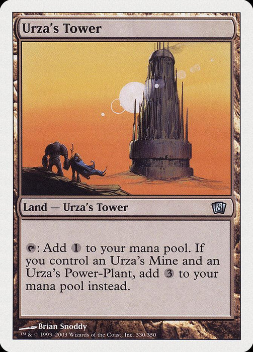 The image showcases a Magic: The Gathering card named Urza's Tower [Eighth Edition]. It features a towering, rocky structure set against an orange sky with two suns. A creature and a figure are visible in the foreground. This card provides mana generation abilities and is illustrated by Brian Snoddy.