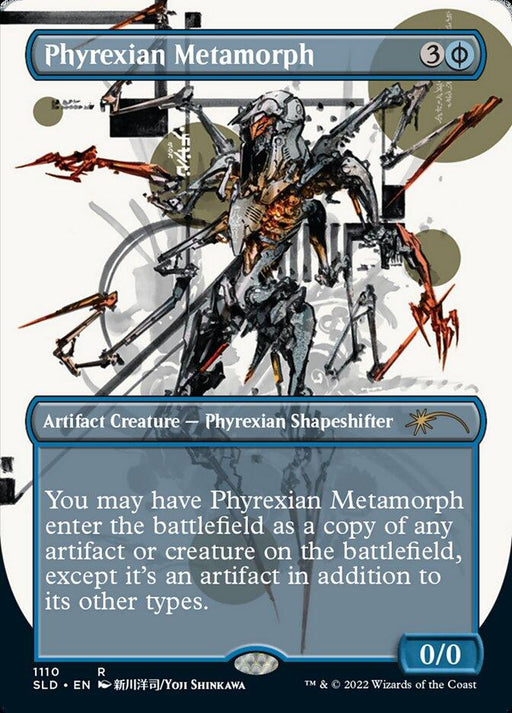 A card from the game Magic: The Gathering named "Phyrexian Metamorph (Borderless) [Secret Lair Drop Series]." The border is blue and it has a cost of 3 colorless mana and one special mana. This Phyrexian Shapeshifter features an image of a mechanical, humanoid creature with spikes and a skeletal frame. The text box details its abilities.