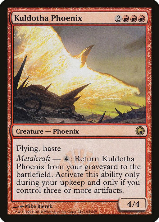 Magic: The Gathering card image titled "Kuldotha Phoenix [Scars of Mirrodin]." The illustration depicts a fiery, glowing phoenix flying over a volcanic landscape. From the Scars of Mirrodin set, it has a mana cost of 2RRR, 4/4 stats, and abilities including flying, haste, and Metalcraft, which allows return from the graveyard under certain conditions.