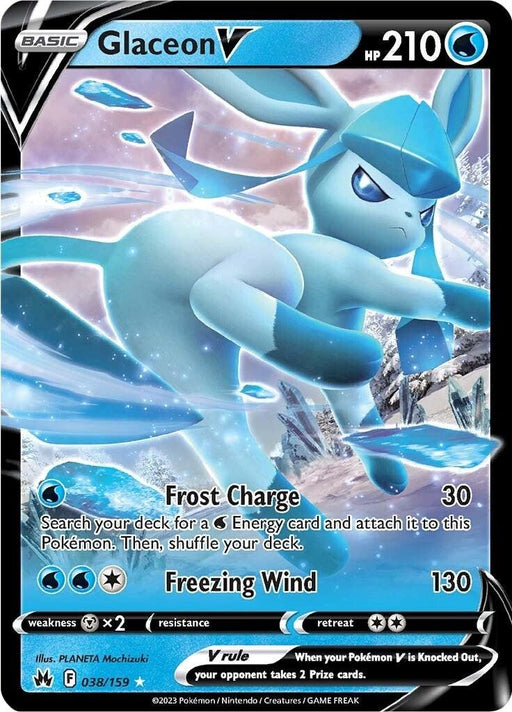 An image of an Ultra Rare Pokémon TCG card from the Sword & Shield series featuring Glaceon V (038/159) [Sword & Shield: Crown Zenith]. Glaceon is depicted as a sleek blue, fox-like Pokémon surrounded by swirling ice and snow. The card displays 210 HP, with attacks "Frost Charge" that deals 30 damage and "Freezing Wind" that deals 130 damage. The card is numbered 038/