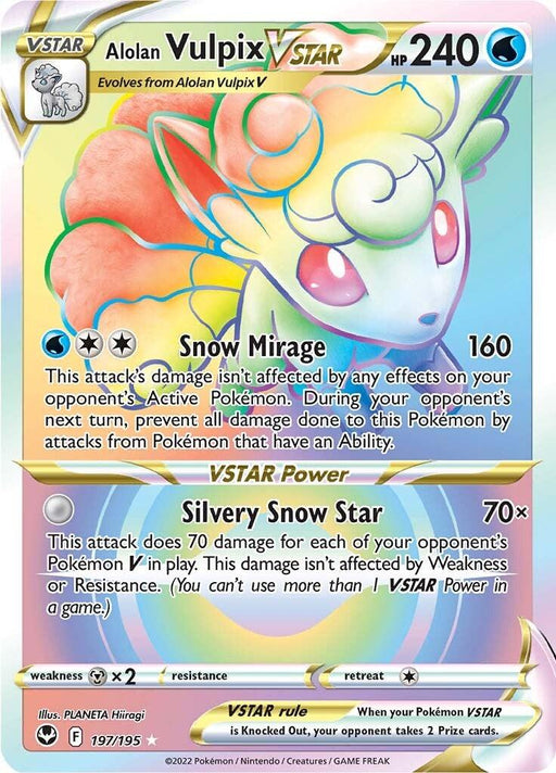 A **Pokémon** trading card for **Alolan Vulpix VSTAR (197/195) [Sword & Shield: Silver Tempest]**. The card displays Alolan Vulpix with colorful, flowing fur. It has 240 HP and two attacks: "Snow Mirage" and "Silvery Snow Star VSTAR Power," both detailed in text boxes. The Silver Tempest art features snowflakes and rainbow effects.