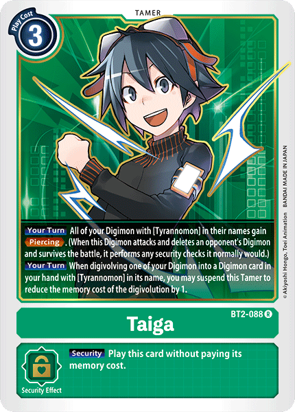 Introducing the Digimon card "Taiga [BT2-088] [Release Special Booster Ver.1.0]" from the renowned Digimon brand. This card highlights Tamer Taiga, depicted with a black and red hat, black hair, a brown jacket, and a green scarf. The card's abilities are showcased in prominent yellow boxes, and its Security Effect permits playing the card without incurring its memory cost.