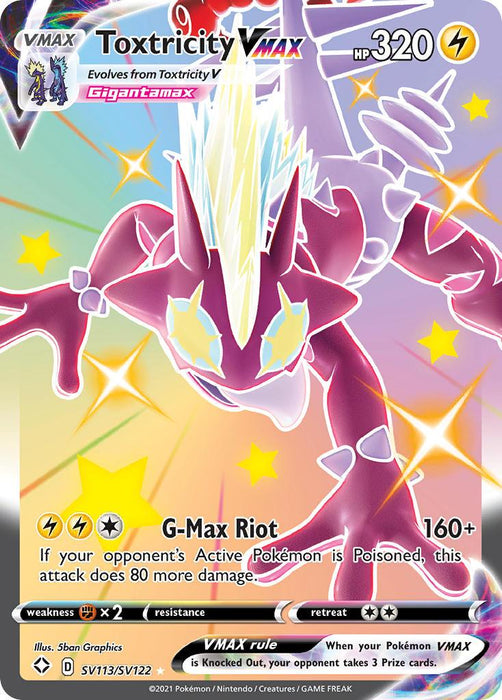 This Ultra Rare Pokémon trading card from the Shining Fates set features Toxtricity VMAX (SV113/SV122) [Sword & Shield: Shining Fates] with 320 HP. Toxtricity VMAX is depicted in a dynamic, action-packed pose against a vibrant, colorful background. The card includes the Lightning move G-Max Riot that deals 160+ damage and has a Retreat Cost of 2 and Weakness to Fighting-type moves (2x).