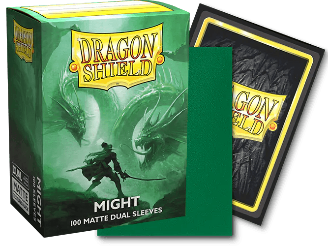 A box of Arcane Tinmen's Dragon Shield: Standard 100ct Sleeves - Might (Dual Matte), showcasing "Might" color with card art featuring a warrior and two dragons, where the black interior enhances the design, is accompanied by a stack of green sleeves adorned with a dragon-scale pattern.